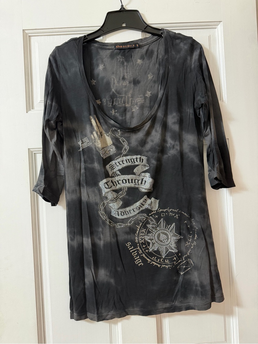 Salvage Black Tie-Dye Long Sleeve Graphic Tee with Silver Accents